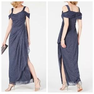 Alex Evenings Smoke Blue Cold-Shoulder Draped Metallic Gown Dress Size 8